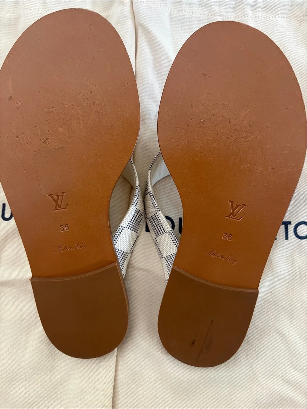 Louis Vuitton Brown Leather & White Checkered Canvas Thong Sandals
